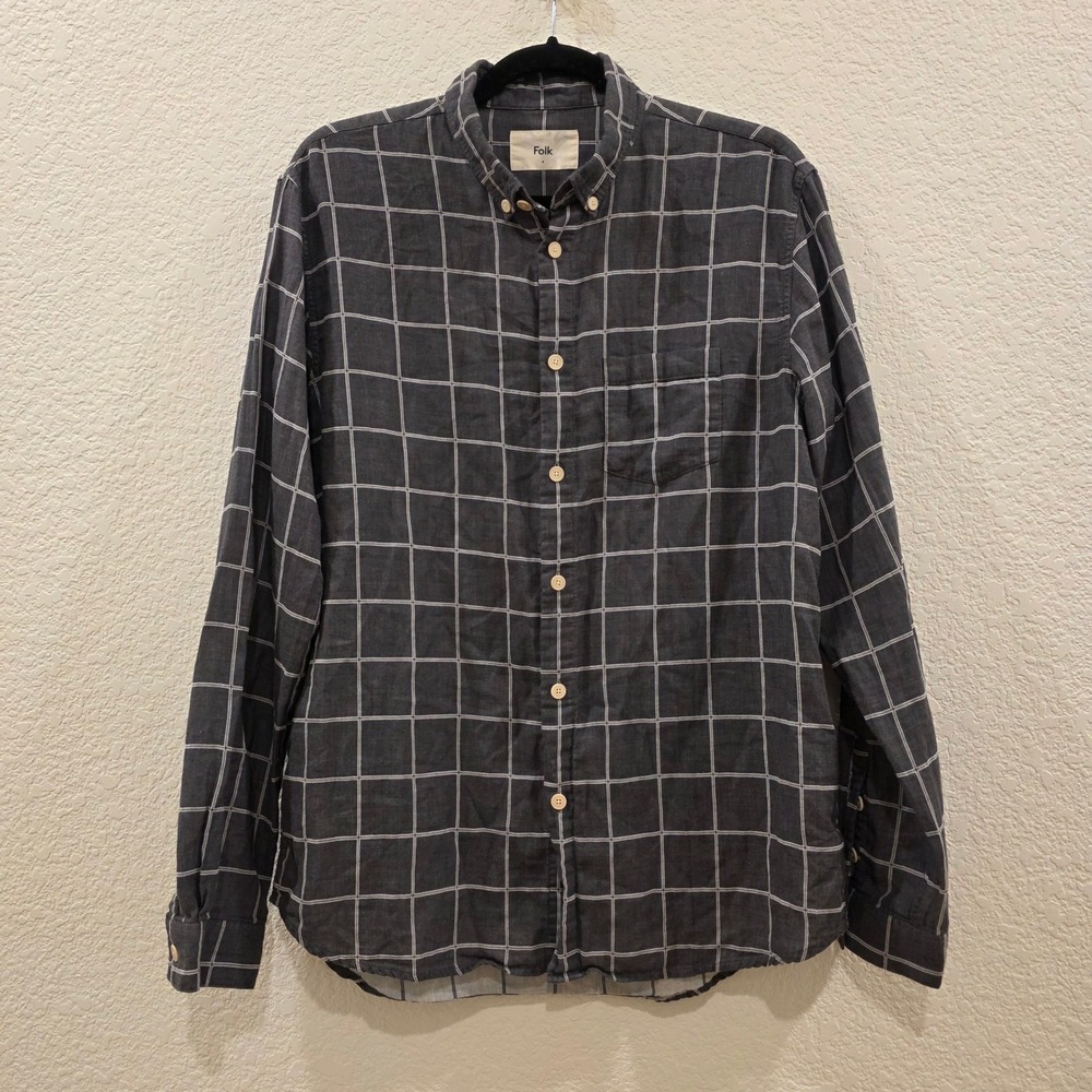 Folk Mens Windowpane Check Button Down Shirt Charcoal Grey Cotton Size 4 L